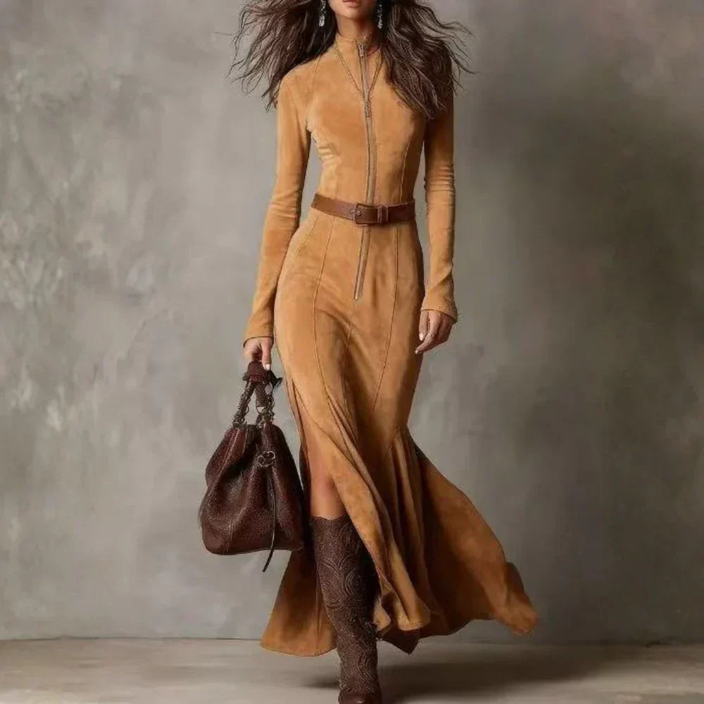 María - Elegante Vestido Largo de Ante con Cinturón y Abertura