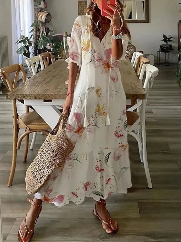 Kleoniki - Elegante vestido maxi de terciopelo con flores