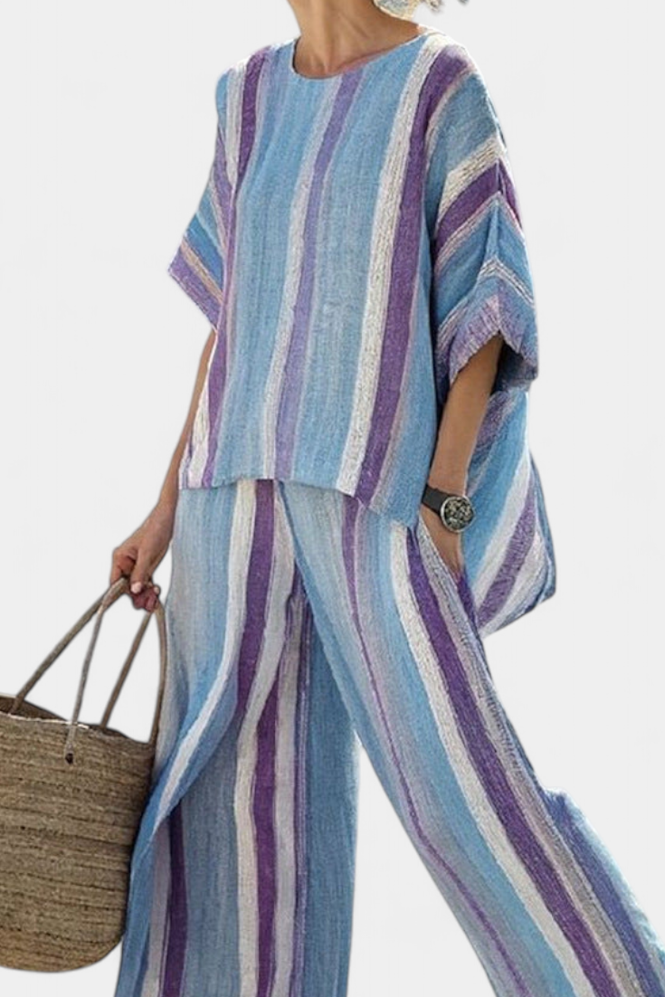 Ginevra — Top elegante en púrpura pastel y pantalones de lino a rayas