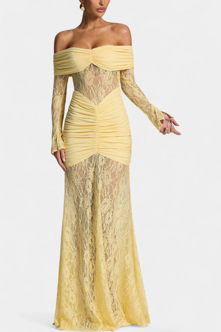 Kamila - Vestido Bruma con encaje, sin tirantes y volantes