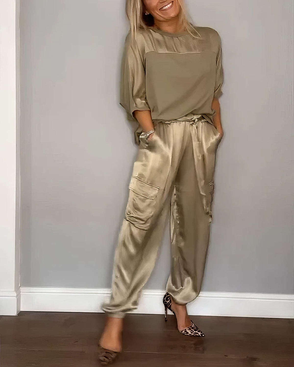 AMELIA | Conjunto de blusa de dos piezas y pantalón cargo Chic
